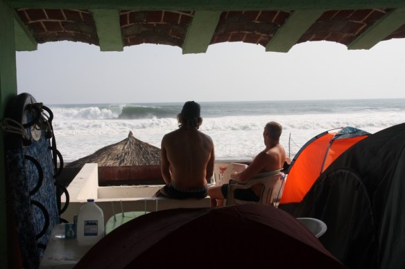 Ben & Danny in the new campsite (everyone had to move their tents up to balcony after floods!)